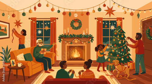 Large multi-generational family celebrating Christmas together, decorating a festive tree and room with a warm fireplace in a cozy, happy home illustration