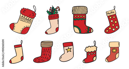 Christmas stockings clipart set with festive socks for gifts and fireplace hanging, cozy holiday collection, hand drawn.