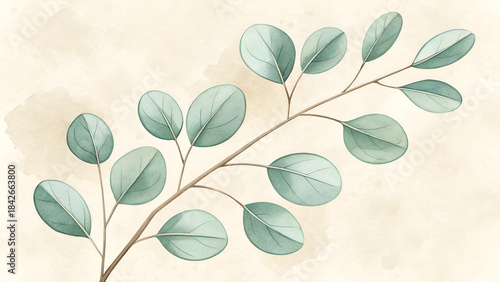 Soft Minimalist Botanical Illustration of Eucalyptus Leaves with Calm Natural Aesthetic