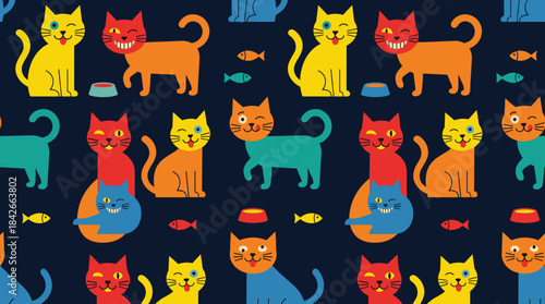 Colorful cartoon cats in a seamless pattern with playful winking and smiling expressions, fish, and food bowls on a dark blue background in a flat vector illustration style