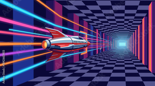 Sleek retro futuristic silver and red rocket ship speeds through a vibrant neon light tunnel with a checkered pattern, evoking a vintage sci-fi aesthetic