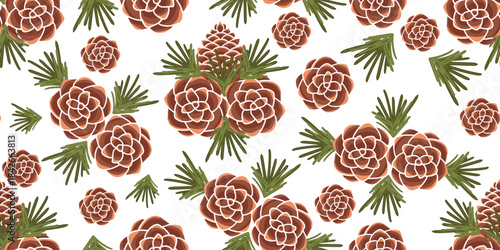 Minimal seamless pattern with pine cones and sharp green needle branches on white background. Ideal for winter textiles, wrapping paper, Christmas crafts, and seasonal decorative prints