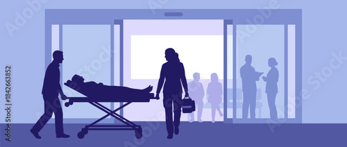 Paramedics rushing an unconscious patient on a stretcher through the automatic doors of a hospital emergency room in a minimalist blue vector illustration