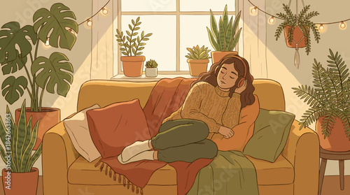 Relaxed young woman with headphones listening to music while resting on a cozy couch in a warm, sunlit living room filled with many green houseplants and string lights