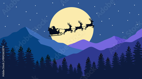 Silhouette of Santa Claus flying in a sleigh pulled by reindeer across a large full moon on a starry Christmas Eve night over a winter mountain forest