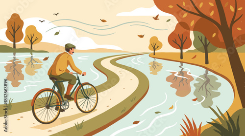 Man in vintage clothing riding a bicycle along a winding path next to a tranquil river during a windy autumn day with falling leaves and colorful trees