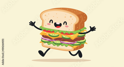 Cute cartoon sandwich character running with excitement and joy.