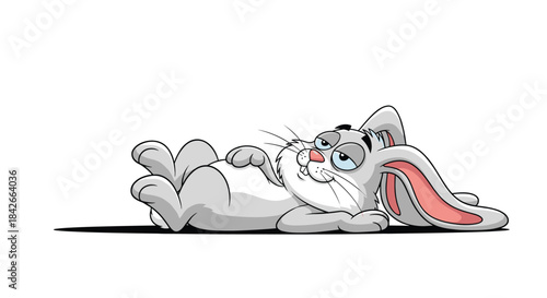 Cute cartoon rabbit lounging comfortably on its back with a relaxed expression.