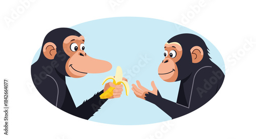 Two chimpanzees sharing a banana, depicted in a cartoon style with a light blue oval background.