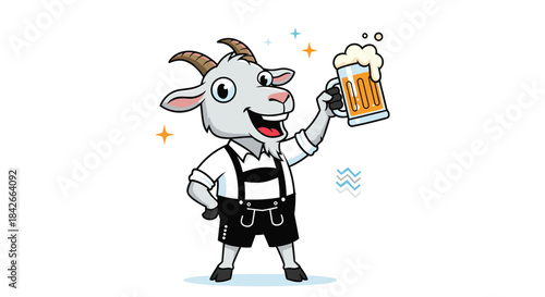 Cartoon goat in lederhosen holding a beer mug with foam and stars around.