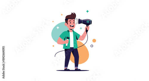 Happy barber drying hair with a blow dryer and holding clippers in a stylized flat design.