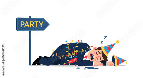 Man passed out covered in festive lights near a party sign.