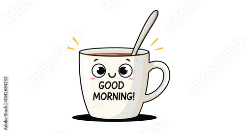 Cute cartoon coffee mug with a happy face and the text.