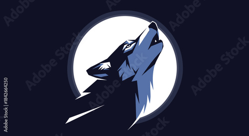Stylized illustration of a blue wolf howling at a large white moon against a dark blue night sky.