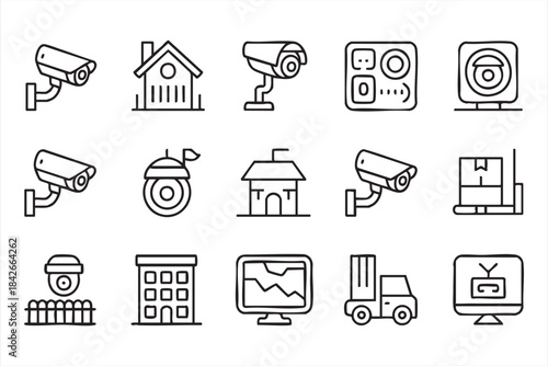 Warehouse Safety and Monitoring Icon Set with Cameras, Forklifts and Package Symbols