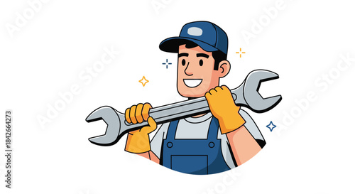 Cartoon mechanic wearing overalls and a cap, holding a large wrench with yellow gloves, smiling.