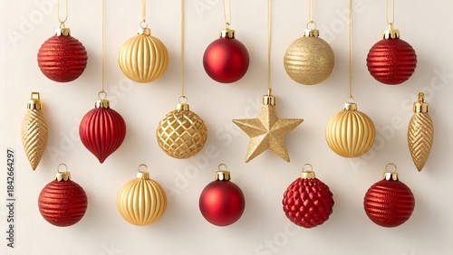 An elegant and organized arrangement of assorted Christmas ornaments hanging against a neutral beige background.