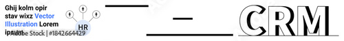 Business management, customer relationships, human resources, workflow planning, process optimization, digital tools. Abstract design with CRM text and HR graphic icons. CRM and business management