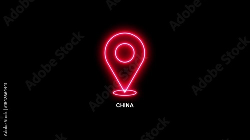 Neon Location Map Pin Icon for China– Glowing GPS Pointer, Modern Navigation Marker, Animated location pointer. animated pin map animated icon. Location icon. GPS location pointer motion 4K video