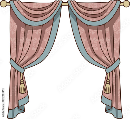 Elegant vintage curtains with blue trim and tassels, flat vector illustration of classic draped window treatment