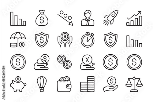 Money and Economic Symbol Outline Set for Financial Apps, Reports and Analyst Tools