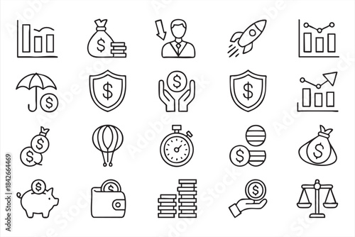 Banking and Savings Icon Pack Featuring Coins, Charts and Wallets for UI Design