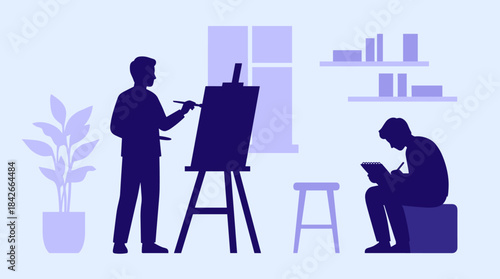 Two artist silhouettes painting and sketching in a minimalist studio, a flat vector illustration showing a creative process and hobby