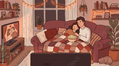 Loving young couple cuddling on a sofa under a warm blanket while watching a romantic movie and eating popcorn in a cozy, warmly lit living room