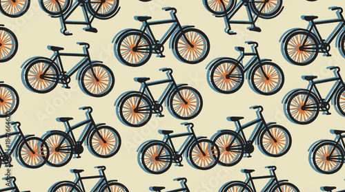 Retro style bicycle seamless pattern illustration with black bikes, blue shadows, and orange spokes on a beige background, a vintage hand-drawn graphic design