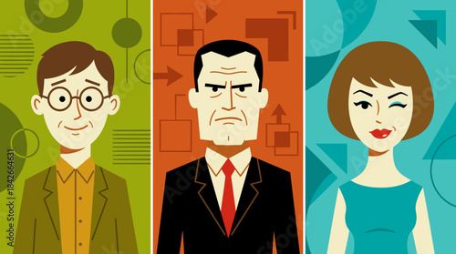 Three stylized character portraits in a triptych format with a mid-century modern aesthetic, depicting diverse emotions like friendliness, anger, and playfulness on colorful geometric backgrounds