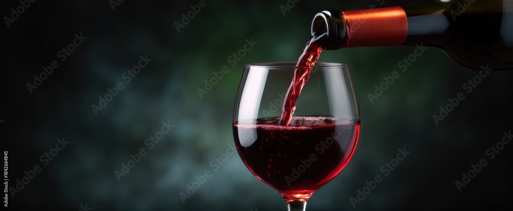Fototapeta premium Pouring rich deep red wine into an elegant clear drinking glass gracefully.