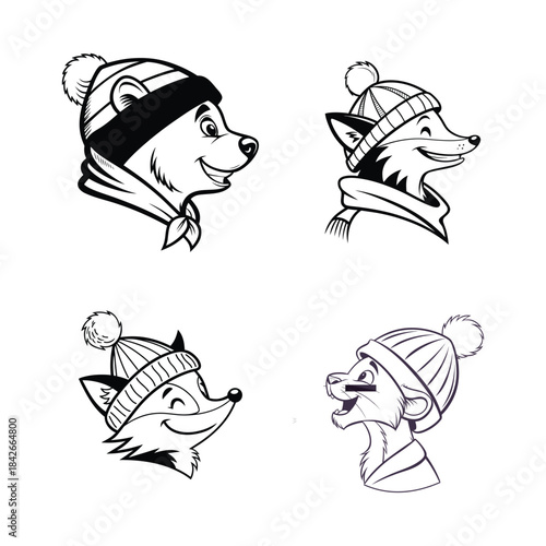 Four cartoon animal heads wearing winter hats and scarves