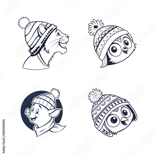 Four cute cartoon animal heads wearing winter hats