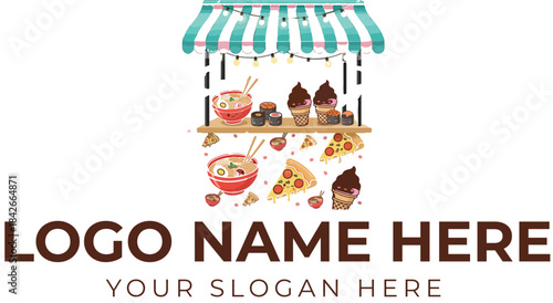 Food stall logo vector with striped awning and hanging illustrations of noodles, sushi, ice cream, pizza, and strawberries