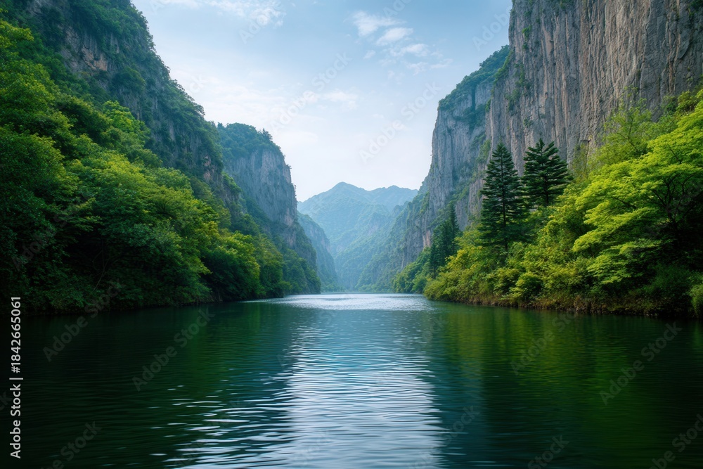 Fototapeta premium Serene River Flowing Through Deep Green Valley Beneath Clear Blue Sky