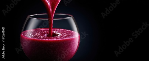 Thick berry smoothie pouring nicely into a cold glass cup