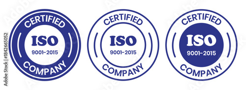 ISO 9001-2015 Certified Company Stamp. Quality Assurance and Compliance Certification Logo for Business and Manufacturing. ISO 9001-2015 Certified Company badge, flat vector, isolated illustration.