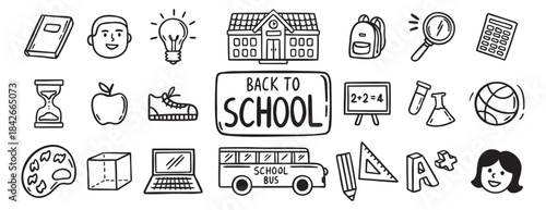 Back to School doodle hand drawn icon set. Outline drawing school items line clipart symbol collection 