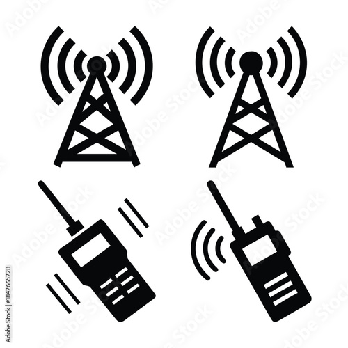 Communication tower and walkie talkie icons representing wireless signal transmission