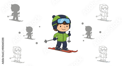 Find the correct shadow educational puzzle game for children featuring a cute cartoon boy skiing in the snow with multiple choices.
