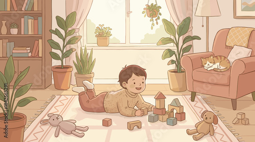 Happy young child playing with wooden blocks on a rug in a cozy, sunlit living room, with a sleeping cat and houseplants creating a warm, peaceful atmosphere