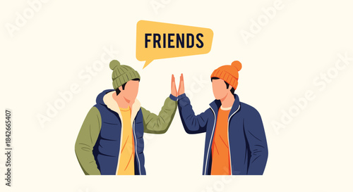 Two young male friends wearing winter hats and jackets give each other a high five with a speech bubble that says friends above them.