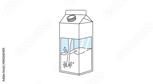 Minimalist black and white line art illustration of milk being poured into a carton with a transparent window on a white background.