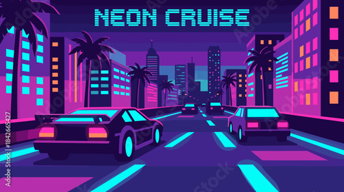 Retrowave style vector illustration of sports cars driving down a neon-lit city street at night with palm trees and a futuristic skyline under a dark purple sky