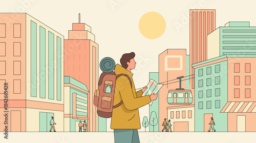 Male traveler with a large backpack holding a map and exploring a modern city with a cable car, a minimalist vector illustration with a pastel color palette