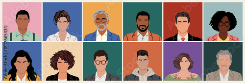 Flat vector set of diverse faceless avatars. Modern minimalist portraits with varied hairstyles, outfits, and backgrounds for professional or creative use. 