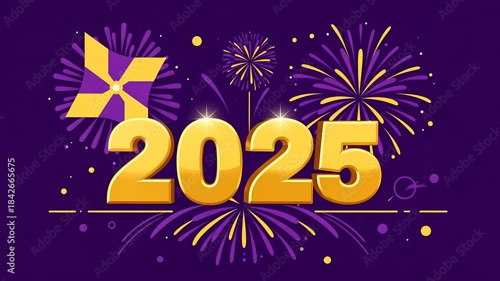 Fototapeta premium Vibrant purple and yellow 2025 numbers with festive fireworks and dynamic design elements. Excellent for celebratory materials and energetic New Year marketing campaigns.