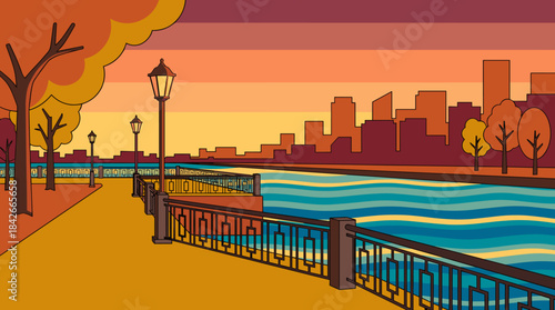 Beautiful autumn city embankment illustration with a river, lampposts, and trees against a warm sunset skyline, depicted in a flat graphic vector art style