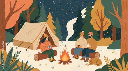 Group of friends with a dog camping in an autumn forest, sitting on logs around a campfire and drinking hot beverages under a starry night sky in a cozy illustration