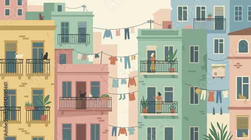 Colorful apartment building facades with balconies, people, cats, and laundry hanging on clotheslines in a charming, cozy urban neighborhood illustration